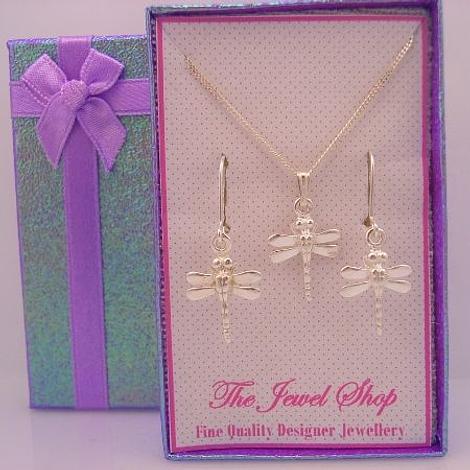 Sterling Silver Matching Dragonfly Charm Necklace & Earrings Set