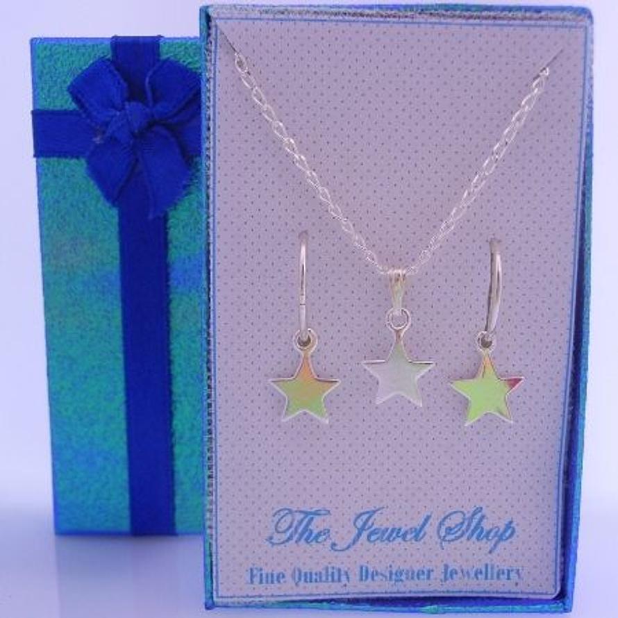 STERLING SILVER MATCHING 9mm STAR CHARM NECKLACE & 14mm SLEEPER EARRINGS GORGEOUS SHIMMERING GIFT BOX