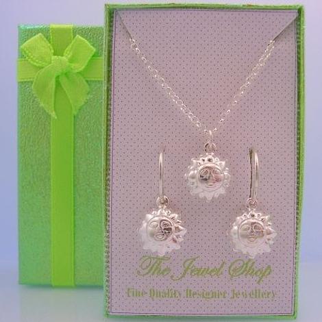 Sterling Silver Matching Sun God Charm Necklace & 14mm Sleeper Earrings Gorgeous Shimmering Gift Box