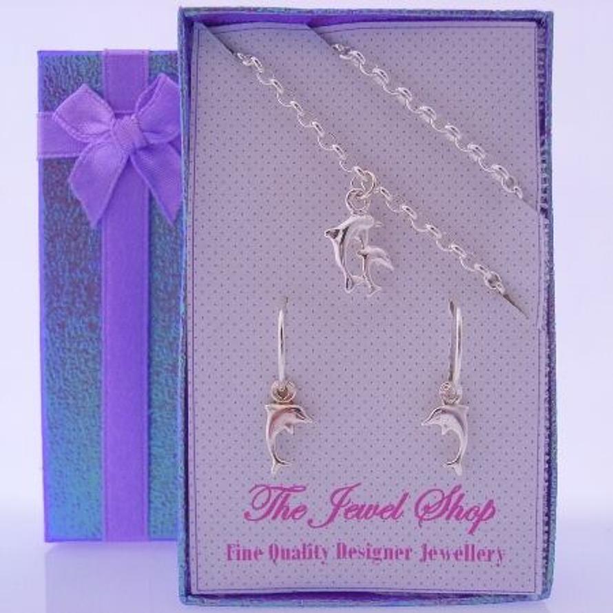 STERLING SILVER MATCHING DOLPHIN CHARM EARRINGS & BRACELET GORGEOUS SHIMMERING GIFT BOX
