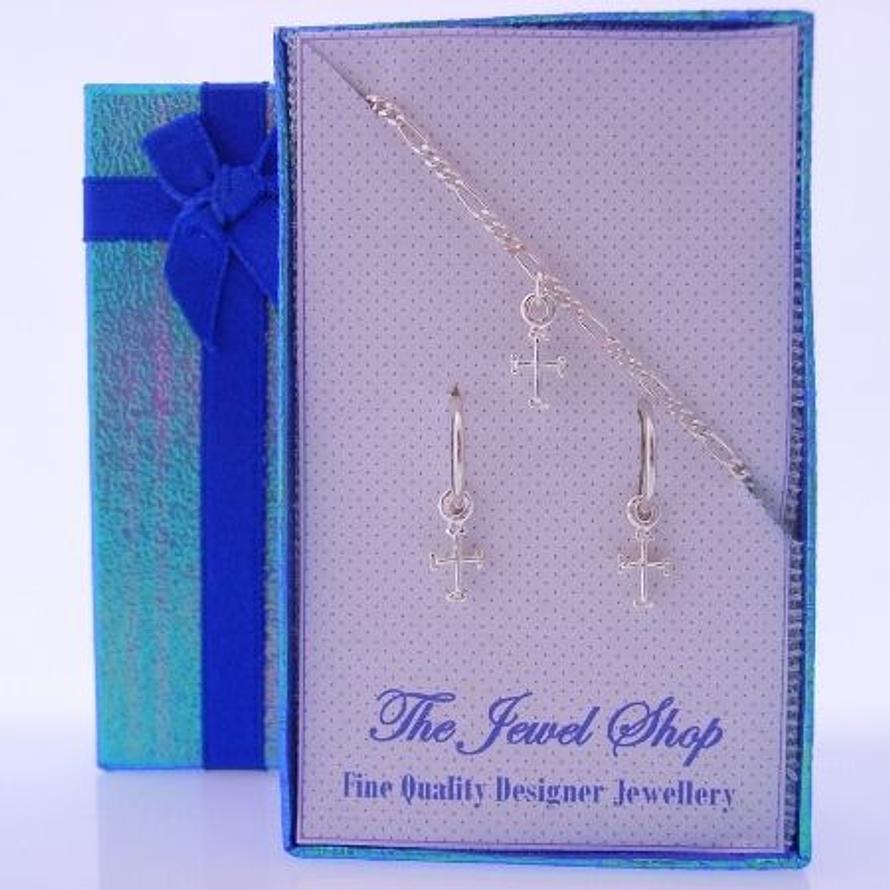 STERLING SILVER BABY CROSS MATCHING NECKLACE & 8mm SLEEPER EARRINGS GORGEOUS SHIMMERING GIFT BOX