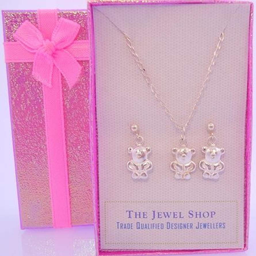 STERLING SILVER TEDDY BEAR MATCHING NECKLACE & STUD EARRINGS GORGEOUS SHIMMERING GIFT BOX