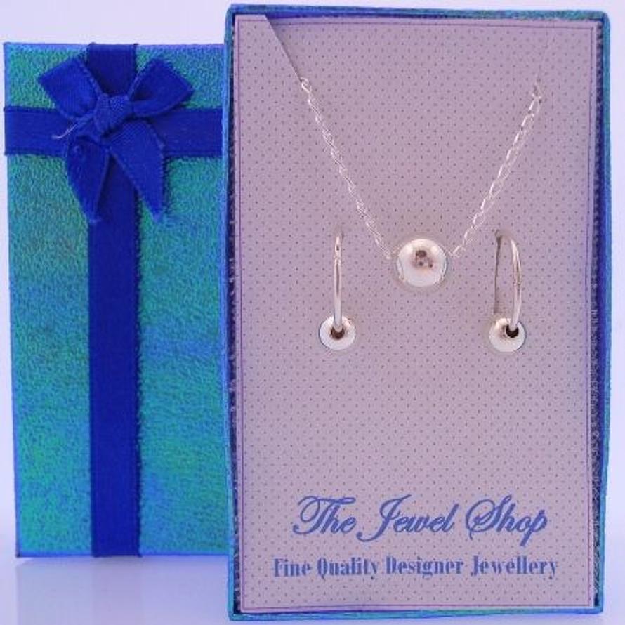 STERLING SILVER BALL BEADS MATCHING NECKLACE & 14mm SLEEPER EARRINGS GORGEOUS SHIMMERING GIFT BOX