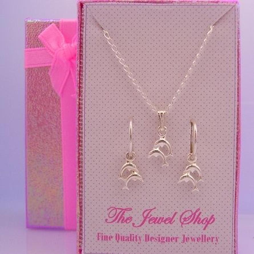 STERLING SILVER MATCHING DOLPHIN CHARM NECKLACE & 12mm SLEEPER EARRINGS GORGEOUS SHIMMERING GIFT BOX