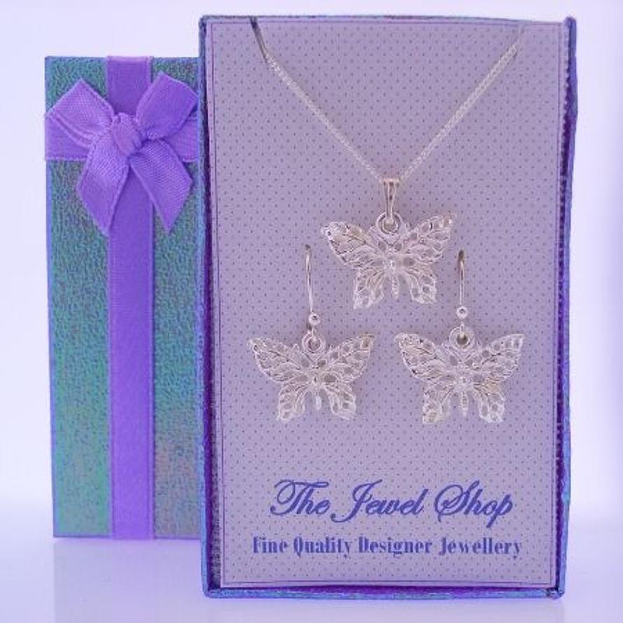 STERLING SILVER FILIGEE BUTTERFLY CHARMS MATCHING EARRINGS & NECKLACE GORGEOUS SHIMMERING GIFT BOX
