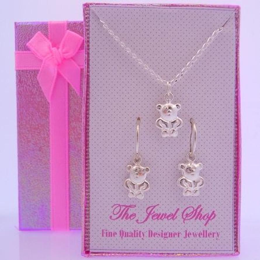 STERLING SILVER TEDDY BEAR CHARMS MATCHING 12mm SLEEPER EARRINGS & NECKLACE GORGEOUS SHIMMERING GIFT BOX