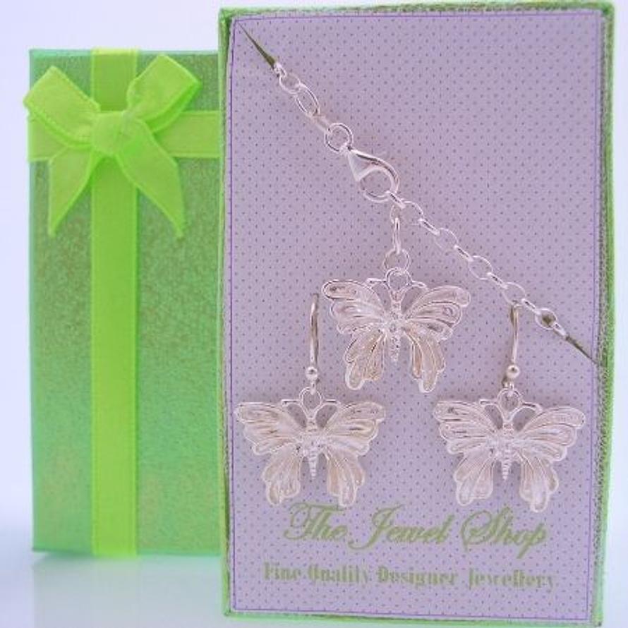 STERLING SILVER MATCHING 18mm BUTTERFLY CHARM BRACELET & EARRINGS GORGEOUS SHIMMERING GIFT BOX