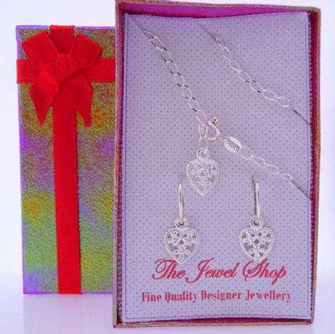 Sterling Silver Matching 9mm Filigree Heart Charm Bracelet & Earrings Gorgeous Shimmering Gift Box