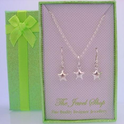 Sterling Silver Matching 7mm Star Earrings & Necklace Gorgeous Shimmering Gift Box