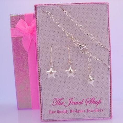 Sterling Silver Matching Star Charm Bracelet & Earrings Gorgeous Shimmering Gift Box