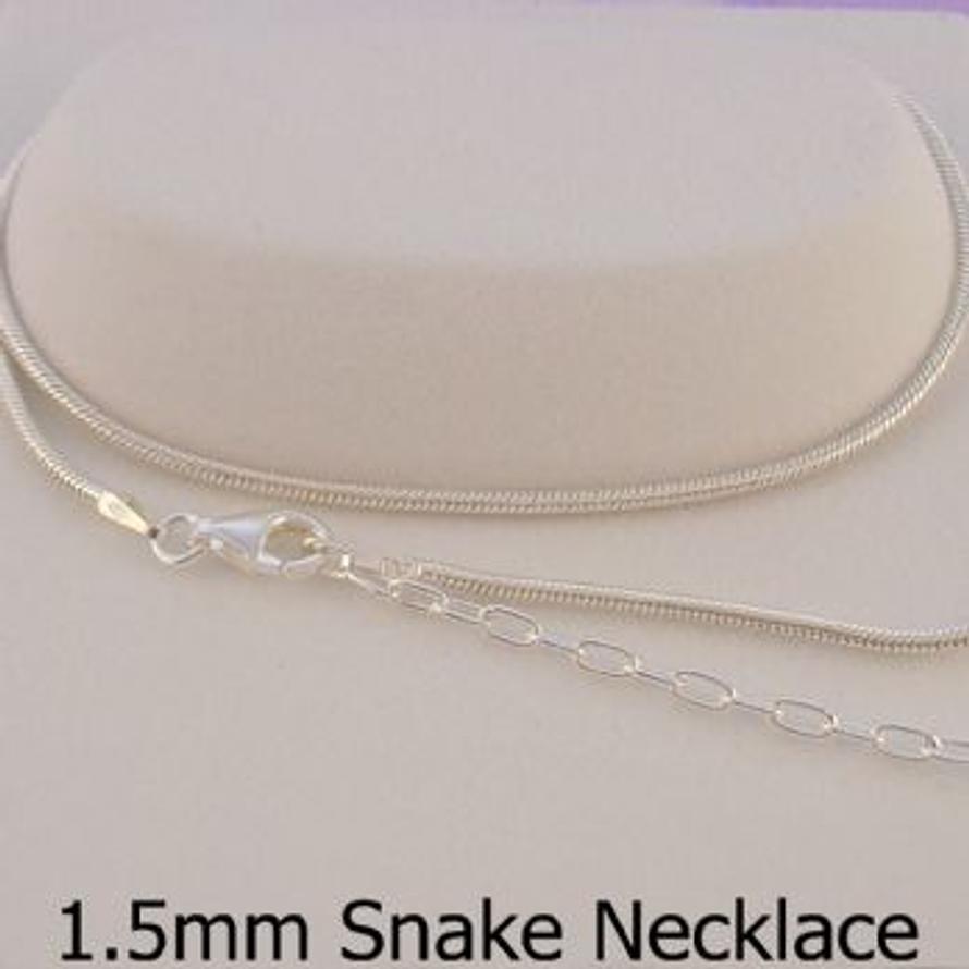 STERLING SILVER 1.5mm SNAKE NECKLACE 40cm 6cm EXTENSION CHAIN -N-925-SN40