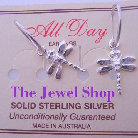 Sterling Silver 13mm Dragonfly Charm 14mm Hinged Sleeper Earrings