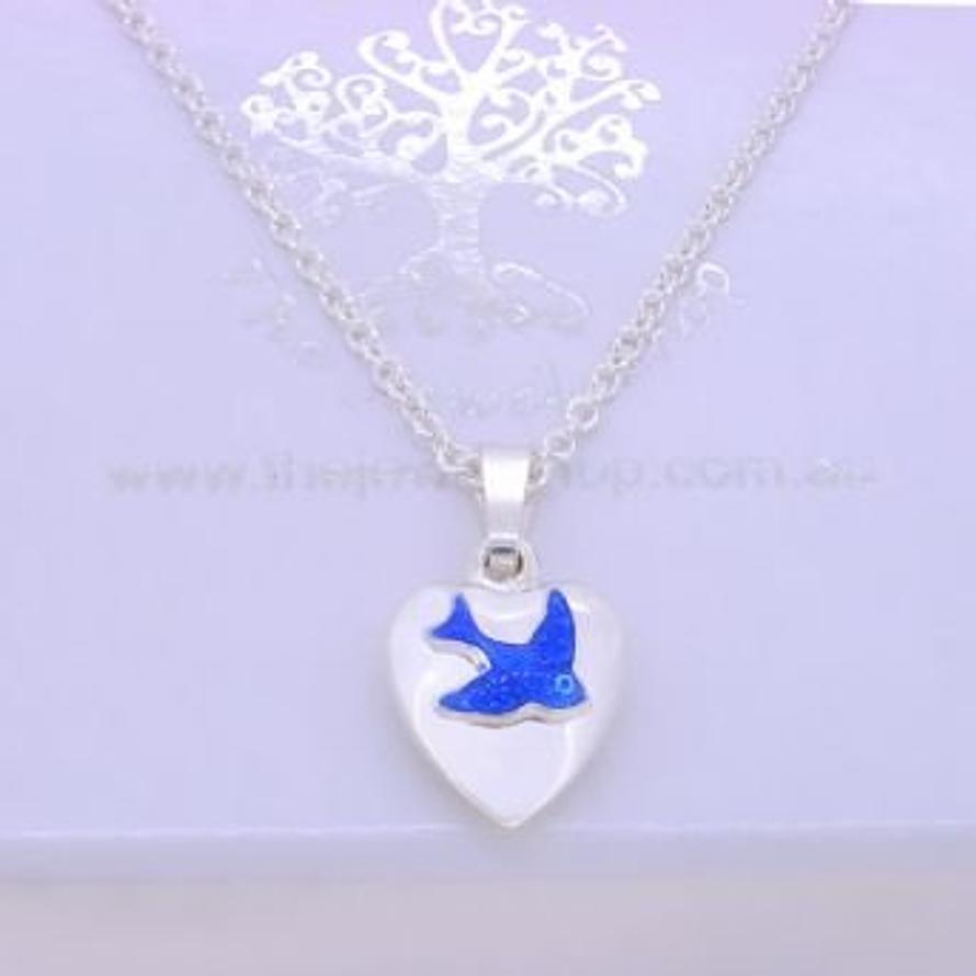 STERLING SILVER 10mm PUFFED HEART BLUEBIRD CHARM NECKLACE