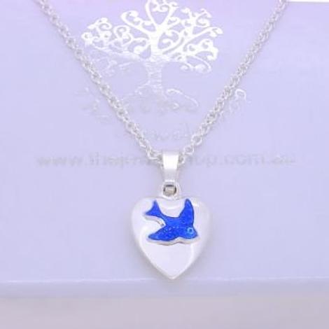 Sterling Silver 10mm Puffed Heart Bluebird Charm Necklace