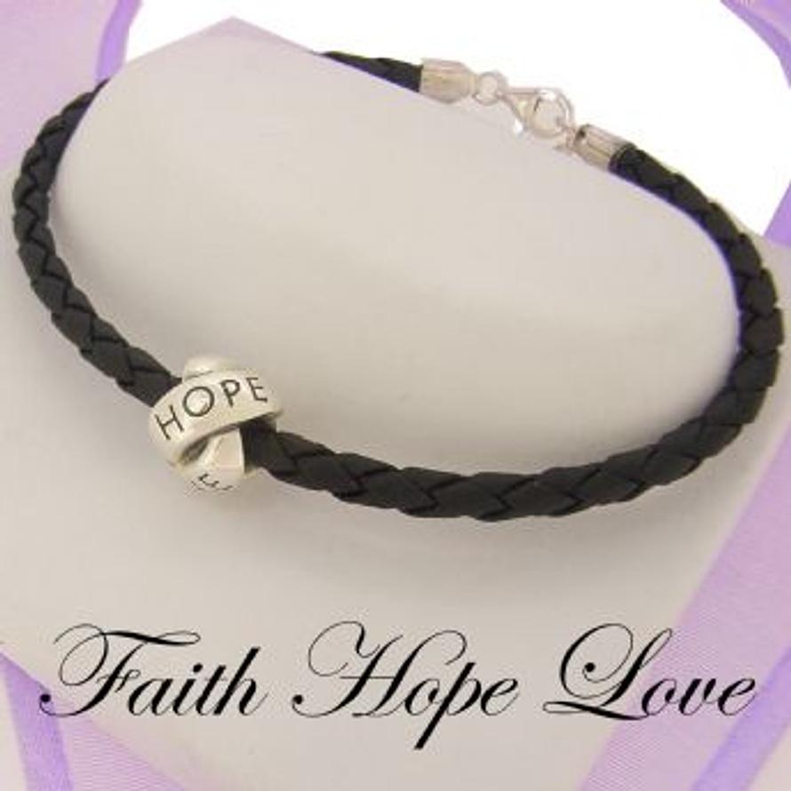 SILVER LOVELINKS FAITH HOPE LOVE BEAD CHARM BLACK LEATHER BRACELET -BLET-TT426-BLK