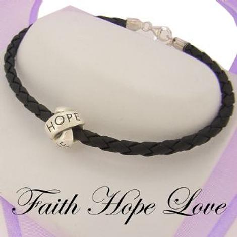 Silver Lovelinks Faith Hope Love Bead Charm Black Leather Bracelet