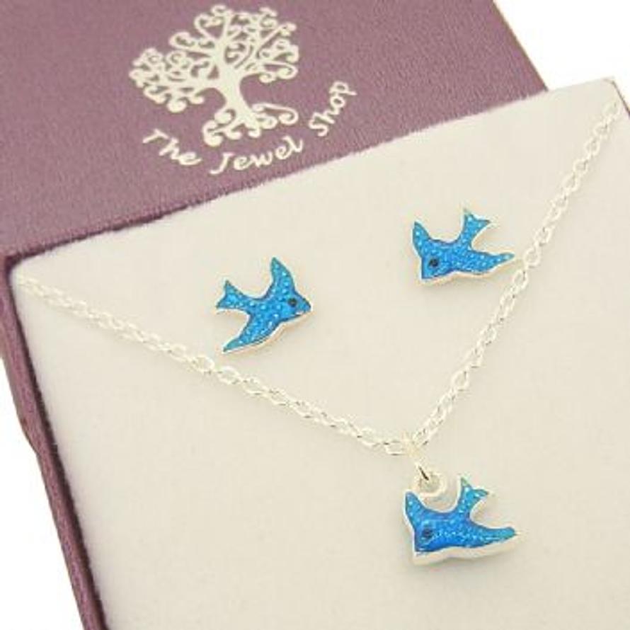 STERLING SILVER BLUE BIRD STUD EARRINGS and NECKLACE SET GIFT BOXED