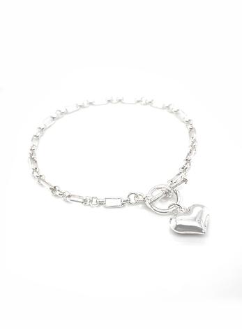 Heart Charm Tbar Toggle Figaro Belcher Bracelet in Sterling Silver