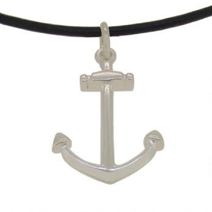 STERLING SILVER 19mm x 28mm ANCHOR PENDANT BLACK LEATHER NECKLACE