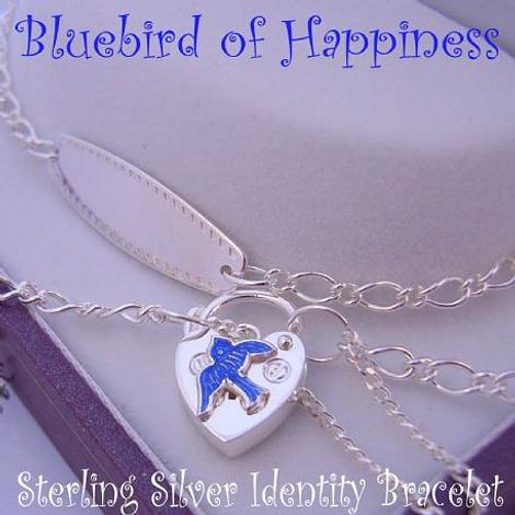 Sterling Silver Figaro Curb Bluebird of Happiness Charm Identity Padlock Bracelet Adjustable Size 19cm