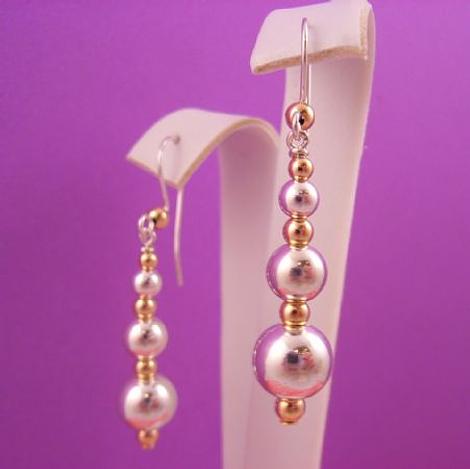 9ct Yellow Gold & Sterling Silver Ball Bead Long Drop Design Earrings