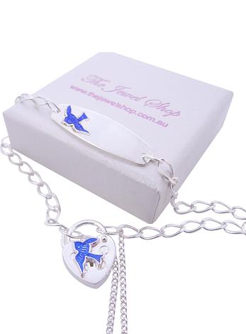 Sterling Silver Bluebird of Happiness Charm Identity Padlock Bracelet 16cm