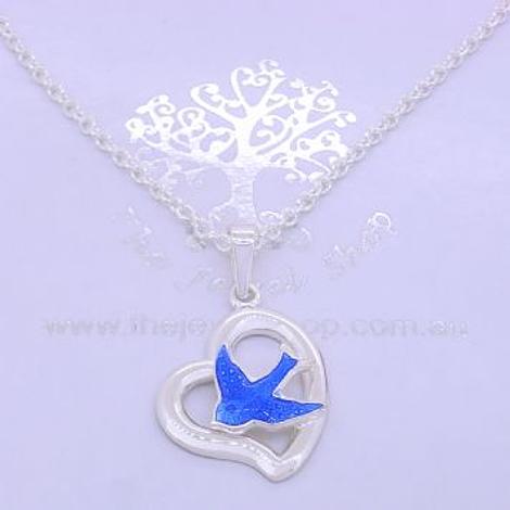 Sterling Silver 14mm Open Heart Bluebird Charm Necklace