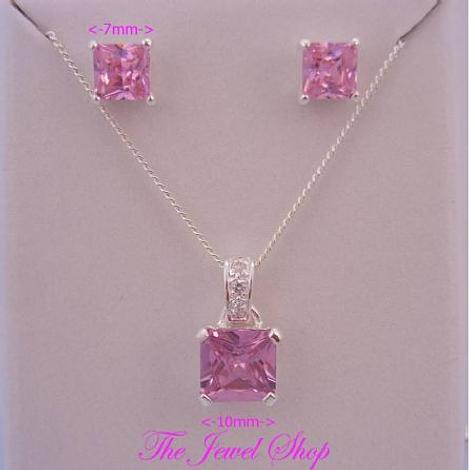 Pink Cz Princess Cut Sterling Silver Necklace Pendant & Earring Set