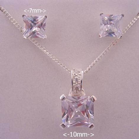 Cz Princess Cut Sterling Silver Necklace Pendant & Earring Set