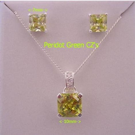 Peridot Colored Cz Princess Cut Sterling Silver Necklace Pendant & Earring Set