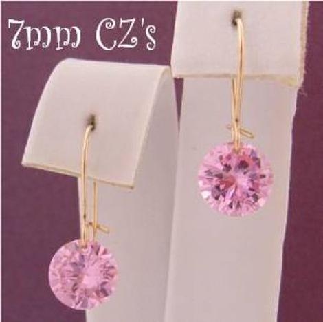 9ct Yellow Gold 7mm Pink Cz Drop Safety Hook Earrings