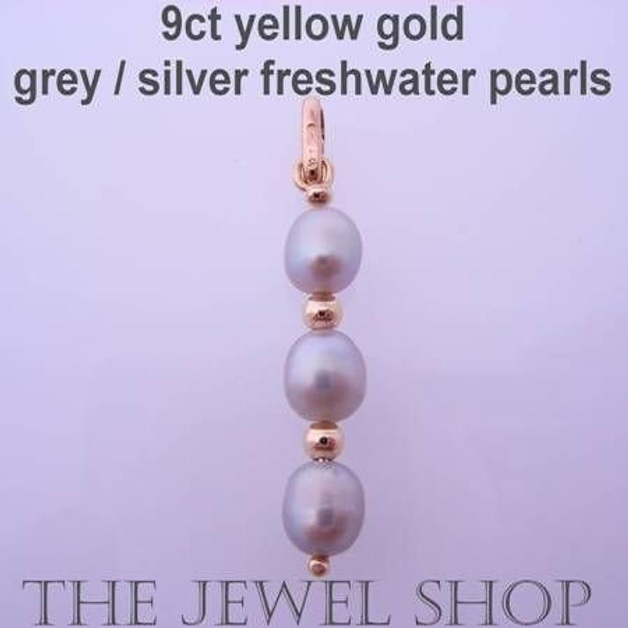 9CT YELLOW GOLD 2mm BALL BEADS 6mm x 4mm SILVER/GREY FRESHWATER PEARL PENDANT