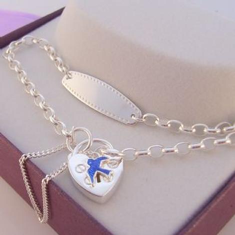Sterling Silver Bluebird of Happiness Identity Charm Belcher Padlock Bracelet 16.5cm