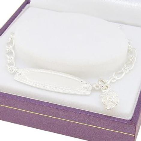 Sterling Silver Adjustable Size Figaro Curb Rose Charm Identity Bracelet 16.5cm