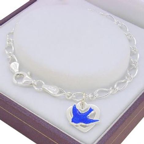 Sterling Silver Figaro Curb Bluebird Love Heart Charm Bracelet