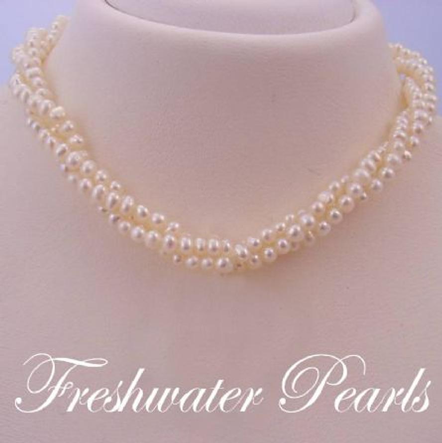 STERLING SILVER FRESHWATER PEARL 3 STRAND TWISTED NECKLACE
