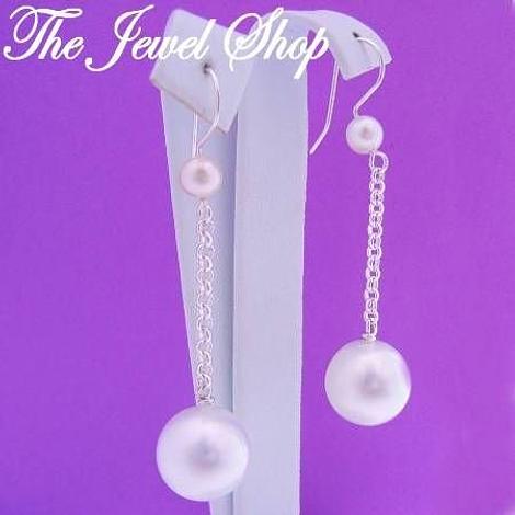 Sterling Silver 12mm Shell Pearl Chain Drop Designer Earrings