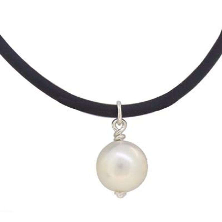 STERLING SILVER 12mm SHELL PEARL LEATHER NECKLACE
