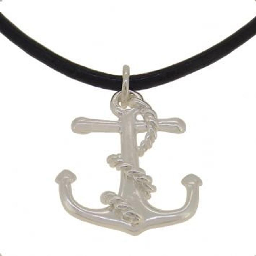STERLING SILVER 23mm x 27mm ANCHOR PENDANT BLACK LEATHER NECKLACE