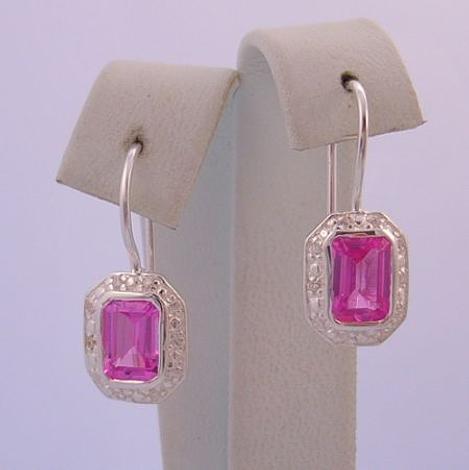 Sterling Silver Emerald Cut Pink Cz Hook Earrings
