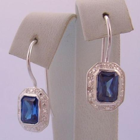 Sterling Silver Emerald Cut Ceylon Sapphire Colored Cz Hook Earrings