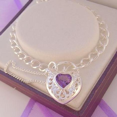 Sterling Silver 4mm Curb Amethyst Heart Padlock Bracelet 19cm
