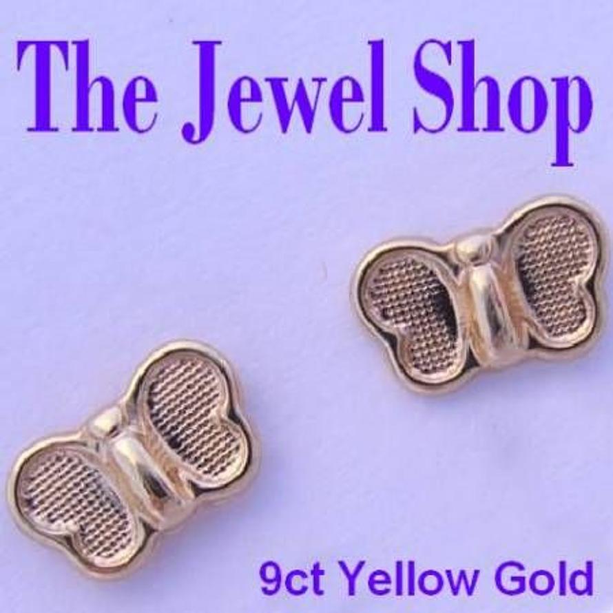 9CT YELLOW GOLD BABY CHILD TEENAGER 7mm BUTTERFLY CHARM STUD EARRINGS