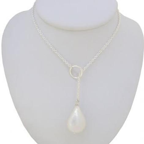 Sterling Silver Freshwater Pearl Teardrop Lariat Necklace