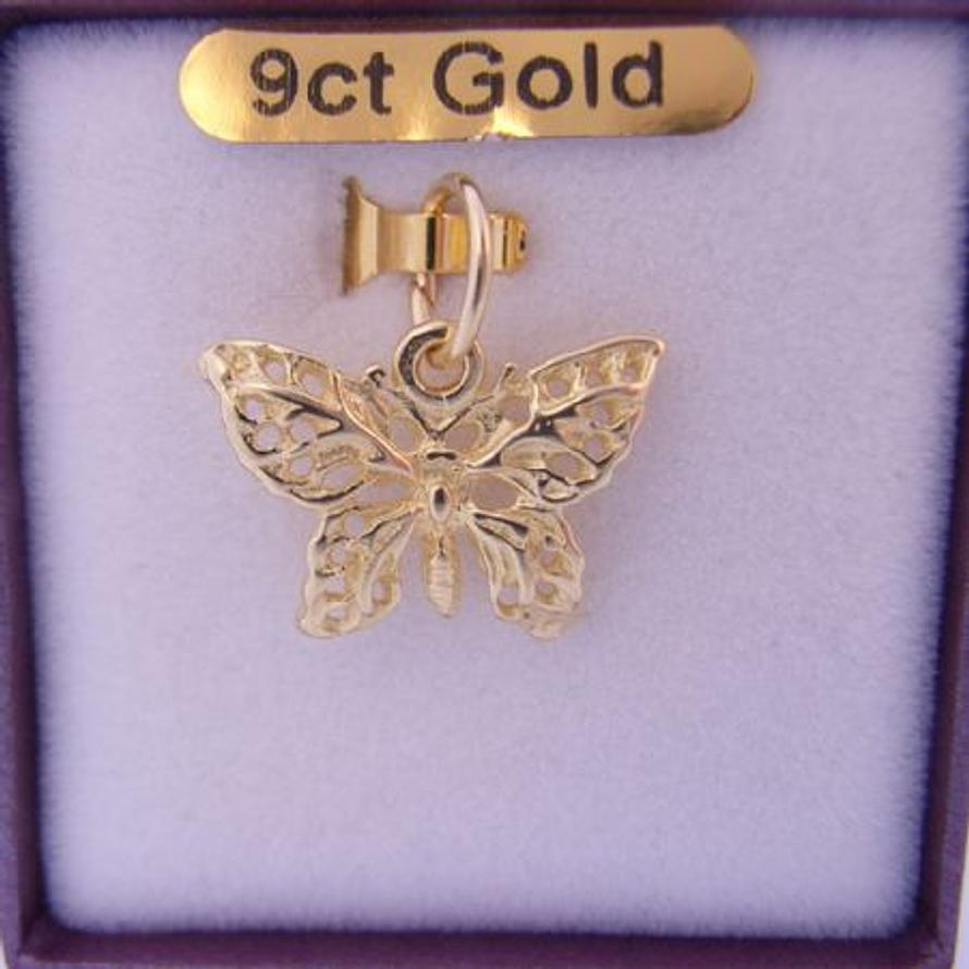 9CT YELLOW GOLD 17mm FILIGREE BUTTERFLY CHARM PENDANT
