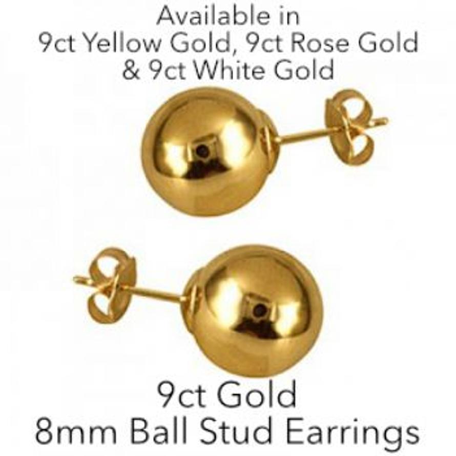9CT GOLD 8mm BALL STUD DESIGN EARRINGS