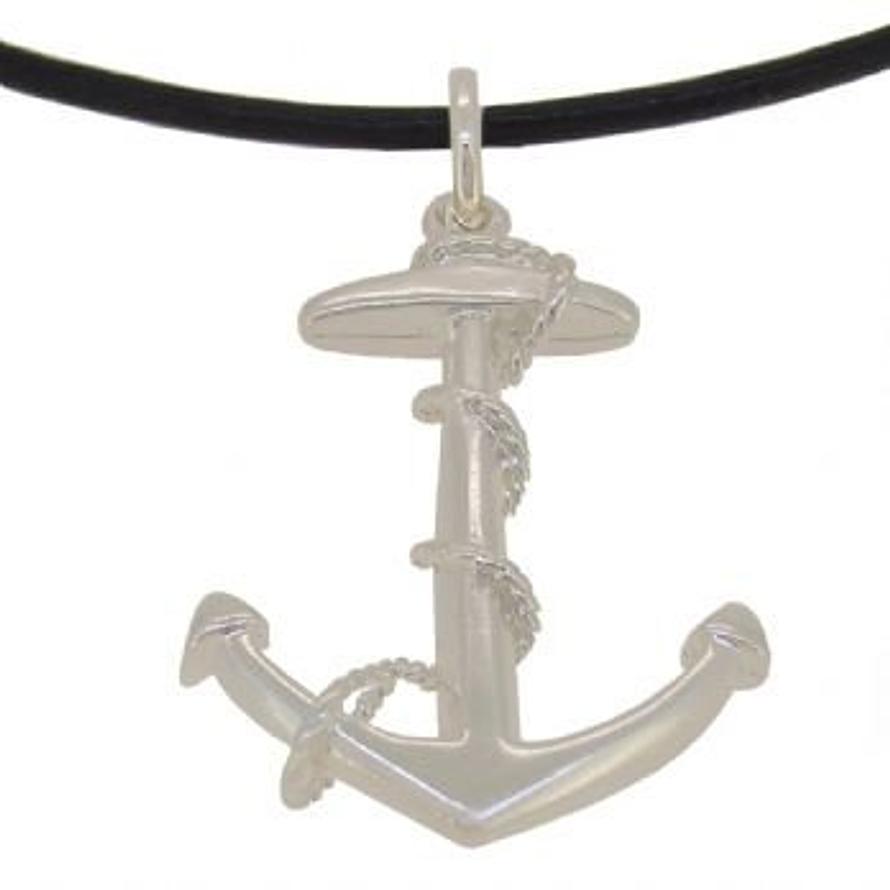 STERLING SILVER 26mm wide x 38mm ANCHOR PENDANT BLACK LEATHER NECKLACE