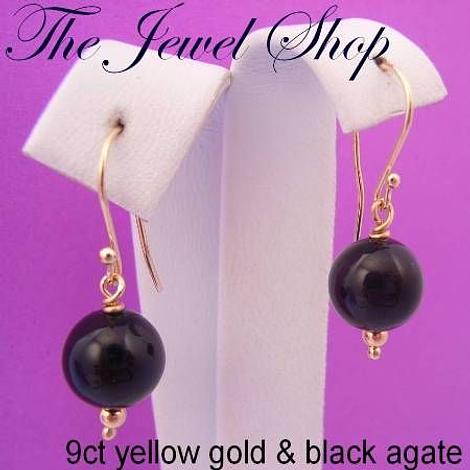 9ct Yellow Gold 8mm Black Agate & 9ct Gold Ball Hook Designer Earrings