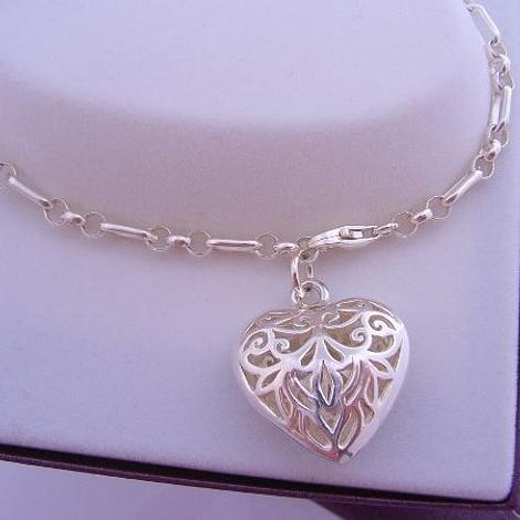 Sterling Silver Filigree Heart Charm Figaro Belcher Bracelet 19cm