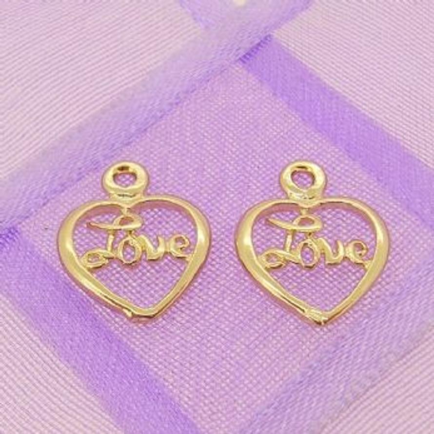 9CT GOLD TWO 8mm LOVE in a HEART CHARMS for SLEEPER EARRINGS